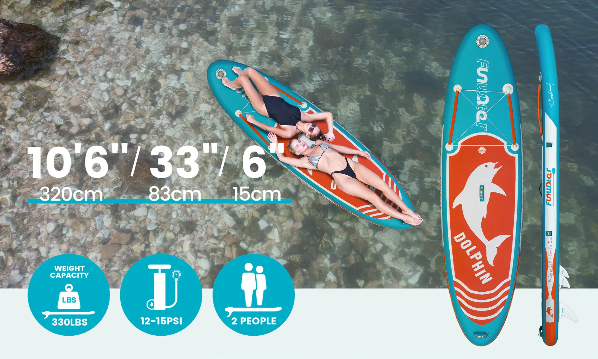 Két ember feküdt egy kékeszöld álló evezős deszkán, delfingrafikával. Egy sziklás parton vannak, tiszta víz mellett. A tábla specifikációi: 10'6" x 33" x 6", súlykapacitás 330 lbs, 2 személy számára alkalmas, felfújása 12-15 PSI. A lapát látható a táblán.