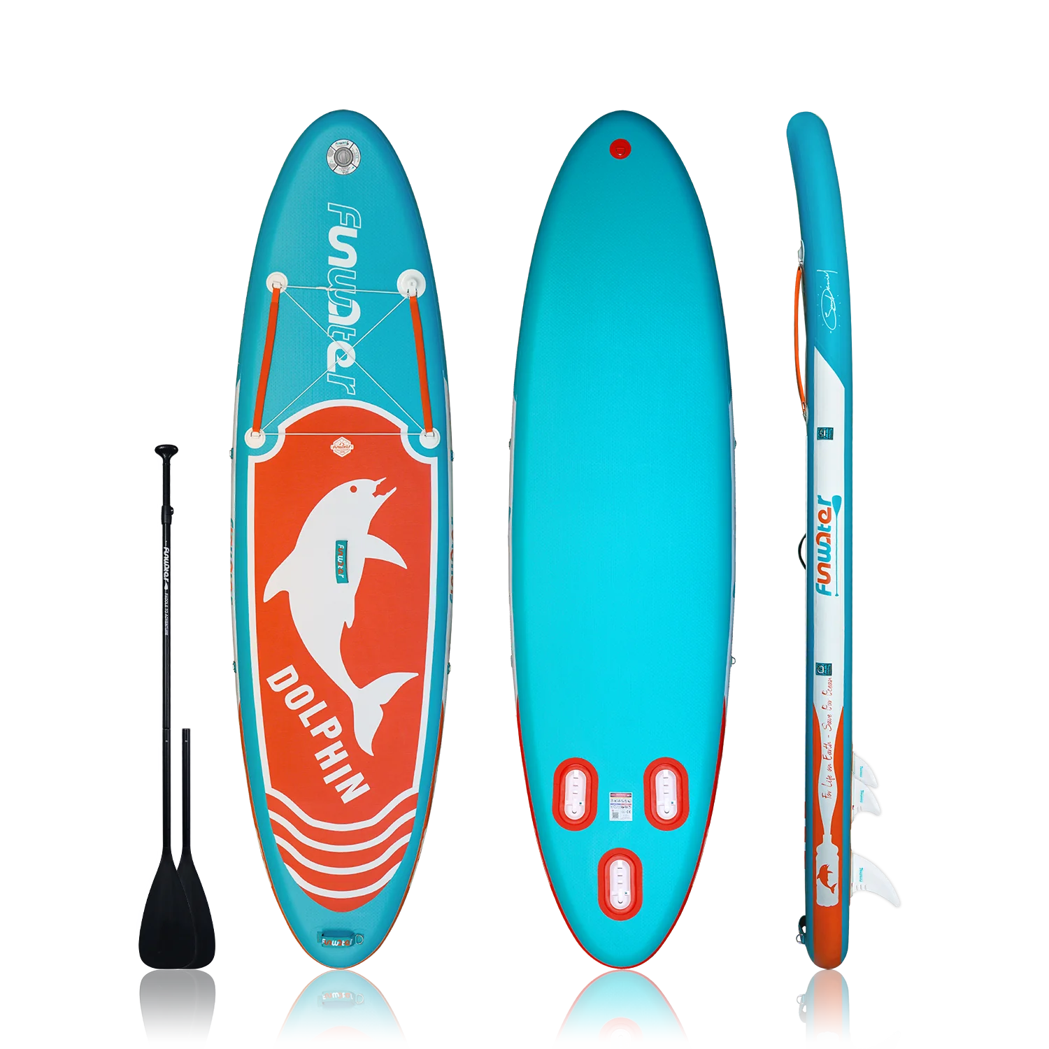 Egy kék és narancssárga felfújható, álló evezős deszka három szögből látható: elöl, hátul és oldalról. Az előlapon fehér delfingrafika és a "Dolphin" felirat látható. A hátlap sima kék, az oldalán pedig márkaszöveg látható. A tábla mellett egy fekete lapát található.