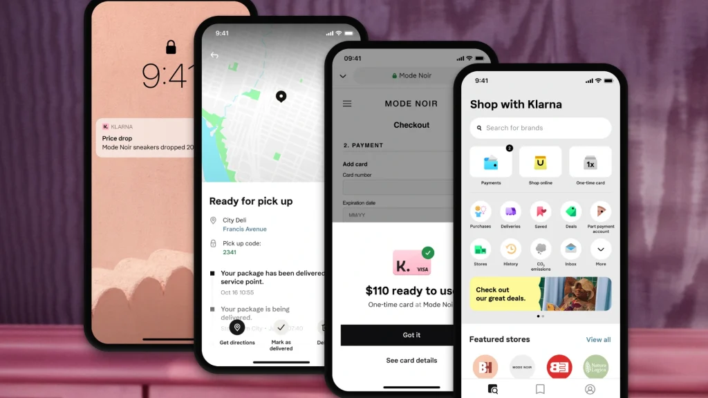 Négy okostelefon-képernyő lila alapon: 1) Lezárási képernyő értesítéssel. 2) Szállítási alkalmazás, amely a csomag állapotát mutatja. 3) Fizetési képernyő a Klarnán keresztül, „110 USD használatra készen”. 4) Vásárlási alkalmazás keresősávval, kategóriákkal és kiemelt üzletekkel.