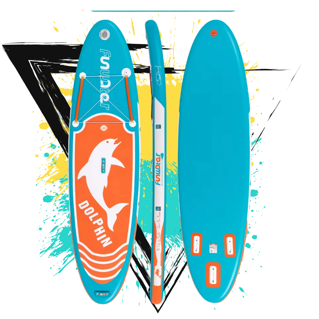 Három nézet egy türkiz álló evezős deszkára, narancssárga díszítéssel. A felülnézetben fehér delfin sziluett és "DELFIN" szöveg látható. Az oldalnézet a tábla vastagságát mutatja, az alsó nézet pedig három fehér bordát. A tábla élénk sárga és fekete grafikus háttér előtt áll.