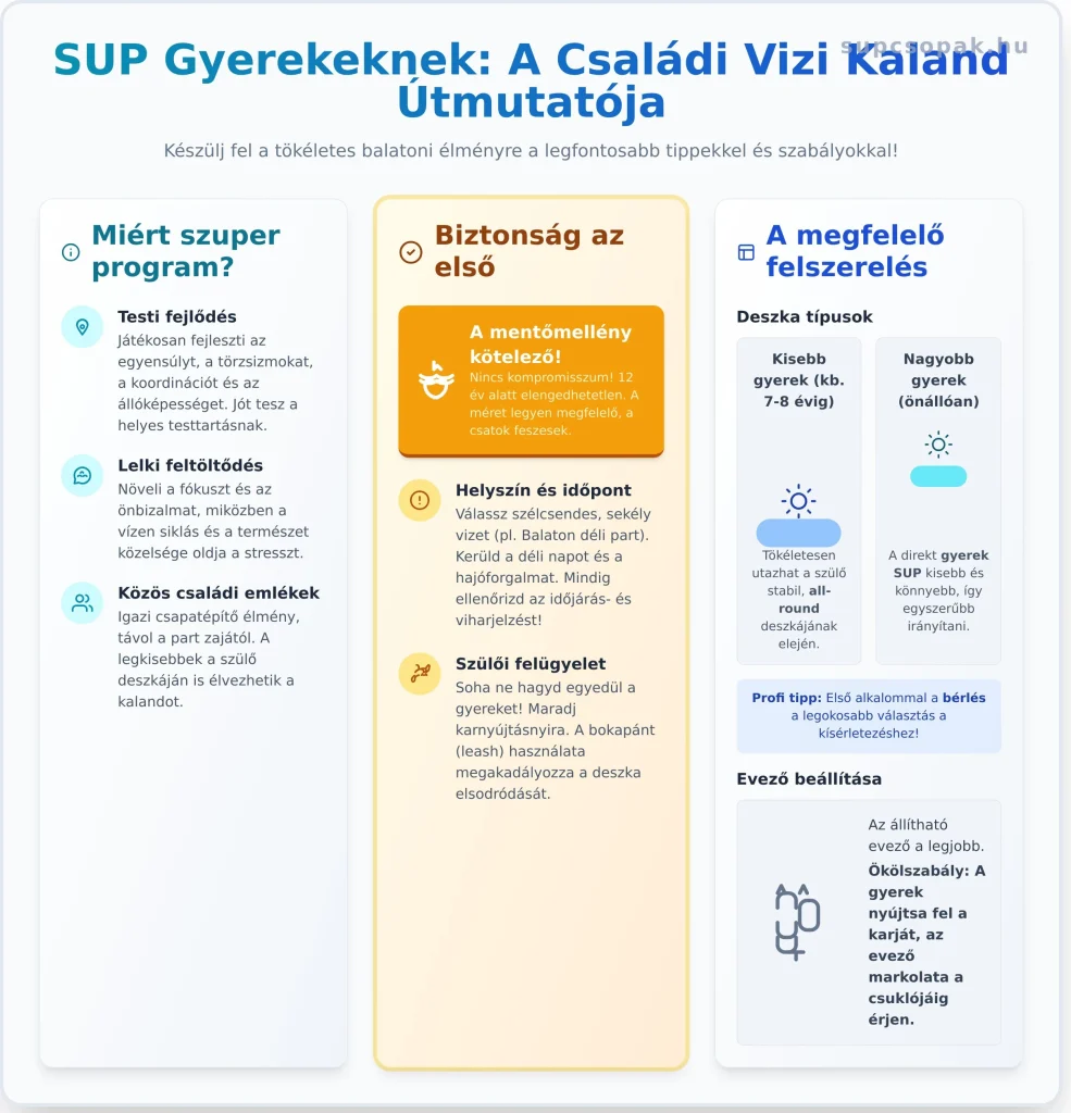 SUP gyerekeknek? Útmutatónkból minden kiderül a biztonságos családi evezéshez! Tippek a felszereléshez, életkorhoz és a felejthetetlen balatoni kalandokhoz.