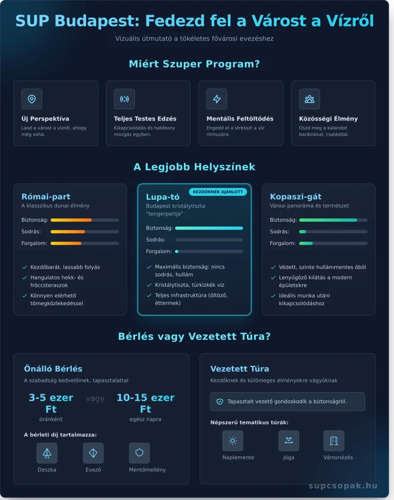 Keresed a legjobb SUP Budapest helyszíneket? Mutatjuk a legszebb útvonalakat, a bérlési lehetőségeket és a legjobb tippeket a biztonságos evezéshez.

