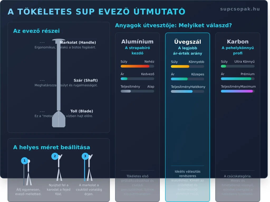 A tökéletes sup evező kiválasztása és beállítása kulcsfontosságú. Tanuld meg, hogyan válaszd ki a neked valót, állítsd be a méretét és evezz helyesen!