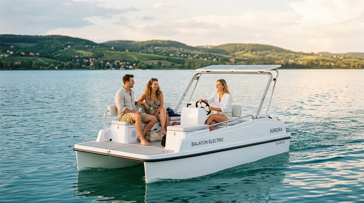 Elektromos katamarán siklik a Balatonon Csopak partjainál, háttérben a Balaton-felvidék dombjaival