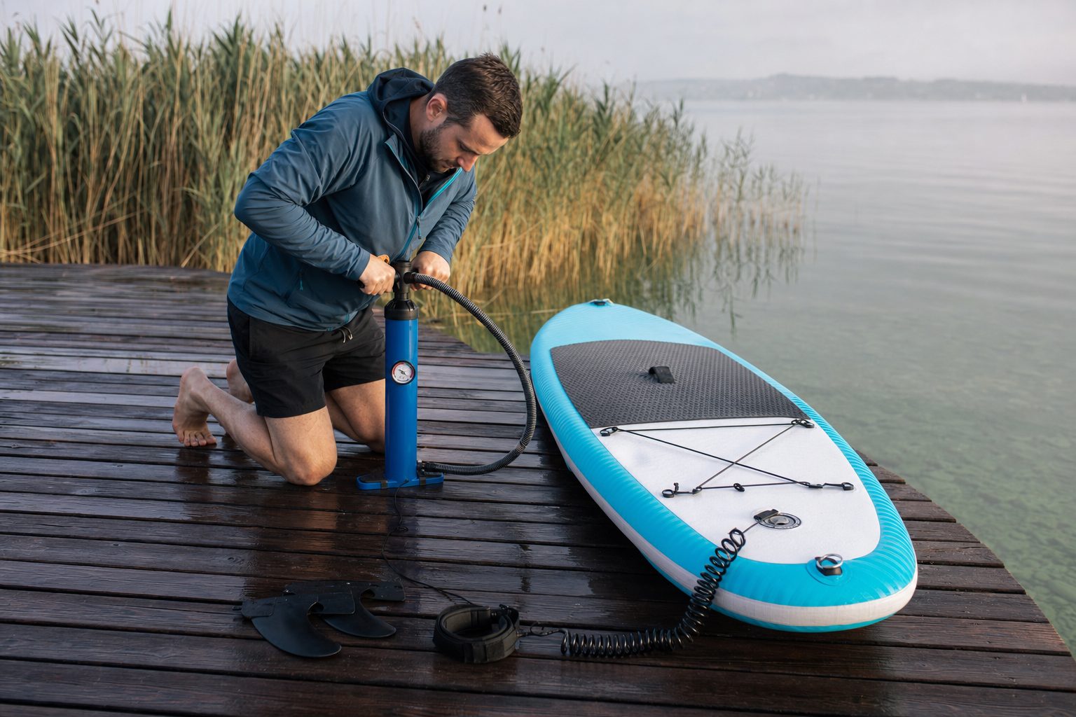 FunWater SUP felfújható deszka a Balaton partján, pumpával és evezővel felszerelve