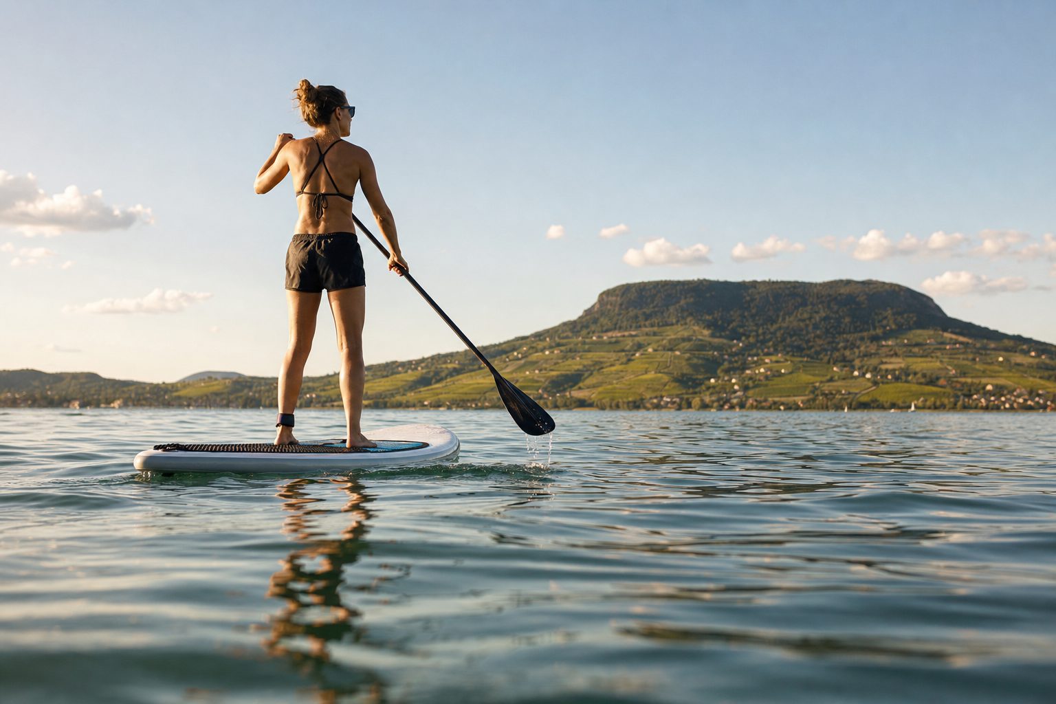 Álló evezés FunWater SUP deszkán hullámzó balatoni vízen, háttérben a parttal