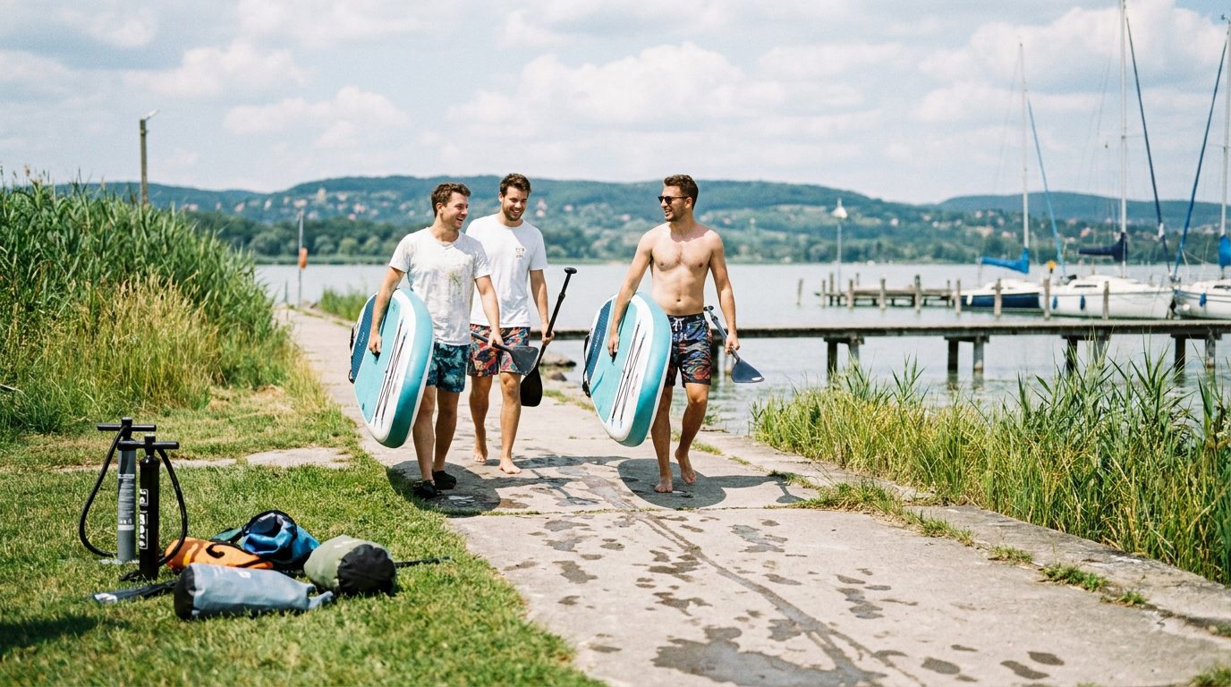 SUP-kölcsönző Csopakon: parton sorakozó bérelhető deszkák, lapátok és mentőmellények