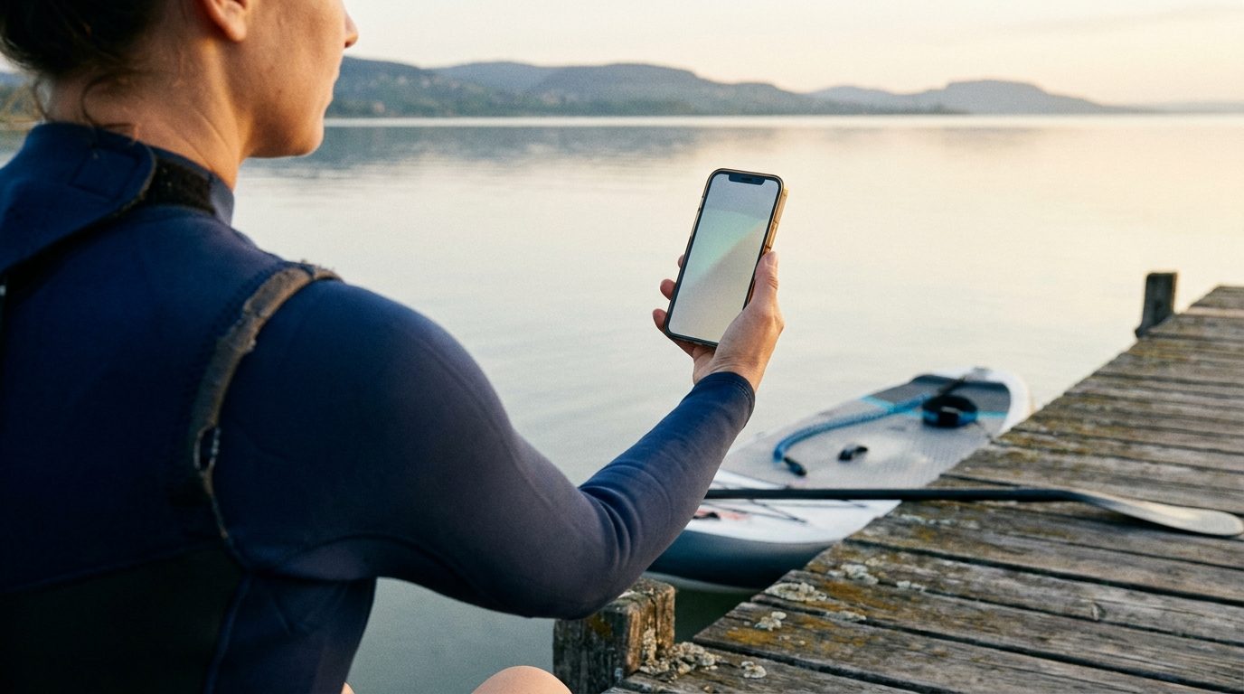 Windguru Csopak szélelőrejelzés táblázata mobilon, háttérben a balatoni part