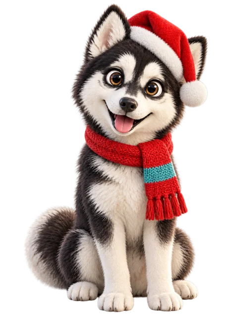 Mia, a SupCsopak husky kabalája mikulássapkában